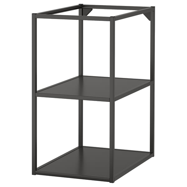 Modern black metal shelf unit with two tiers, sleek and open design.