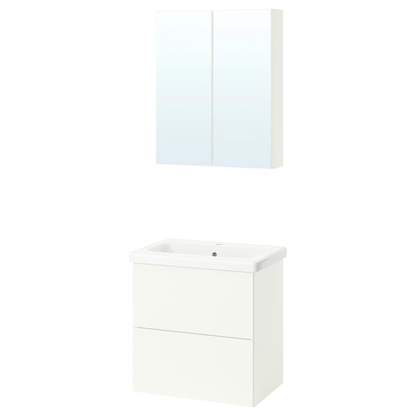 White bathroom vanity set: rectangular sink cabinet with drawers, mirror cabinet above, modern and clean for small spaces.