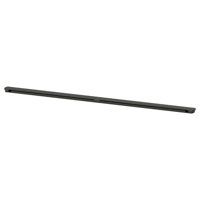 Black ENHET rail for storage, powder-coated steel, holds hooks and containers under shelves.