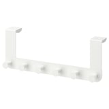 White ENUDDEN coat rack with 6 hooks, door-mounted, scratch-free back.