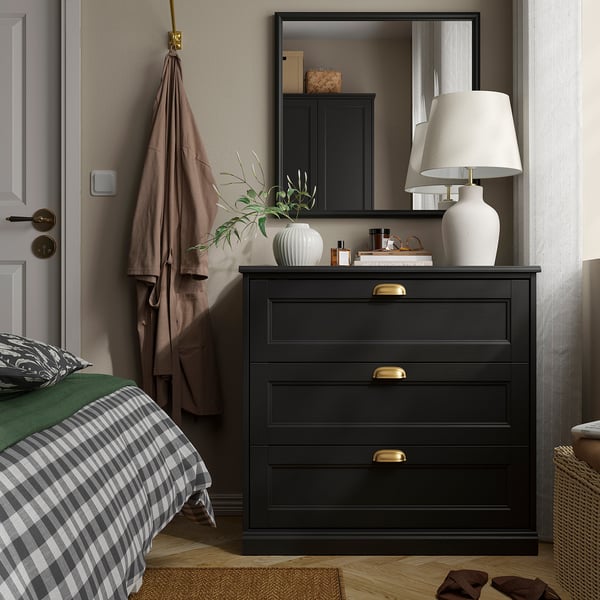 FÅGELFJÄLLET 3-drawer dresser, black oak effect, 82x51x78 cm