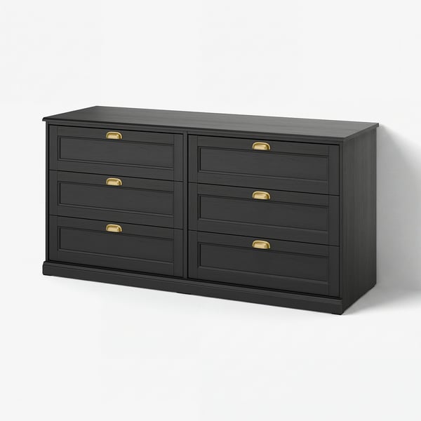 Black FÅGELFJÄLLET dresser with six drawers, brass handles, clean design, bedroom furniture.