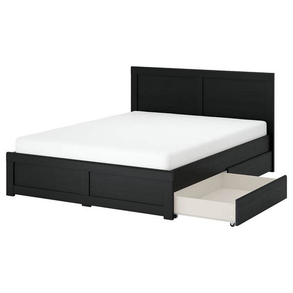 Black FÅGELFJÄLLET bed, wooden with storage drawers, clean design.