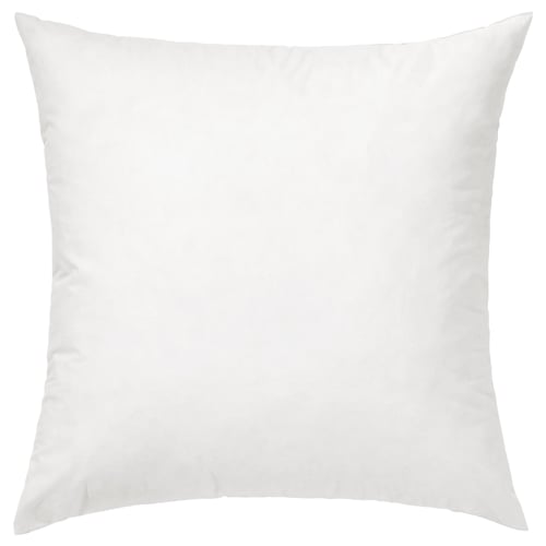 White square throw pillow with smooth fabric and down feathers inside.