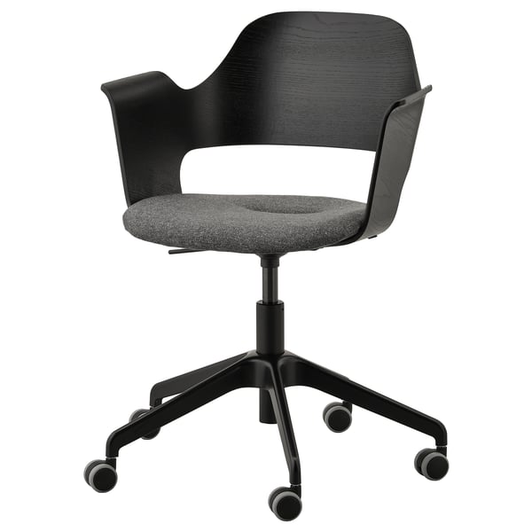 New black FJÄLLBERGET office chair, sleek, modern with armrests and wheels for easy mobility.
