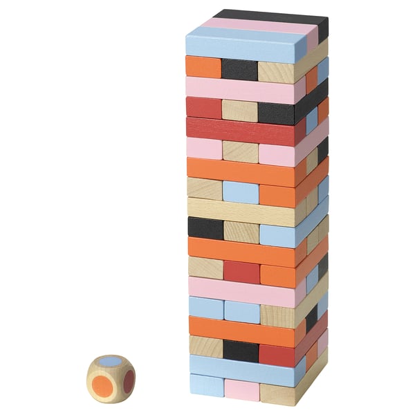 FJÄLLVRÅK colourful stacking block tower with wooden dice, vibrant multicolor blocks, square/rectangular shape, painted wood, fun design.