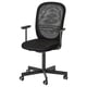Black ergonomic office chair with mesh back and adjustable armrests on wheels.