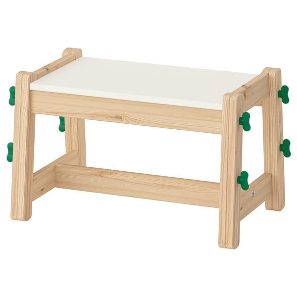 FLISAT adjustable wooden bench with three height settings, light wood colour, painted green plastic connectors.