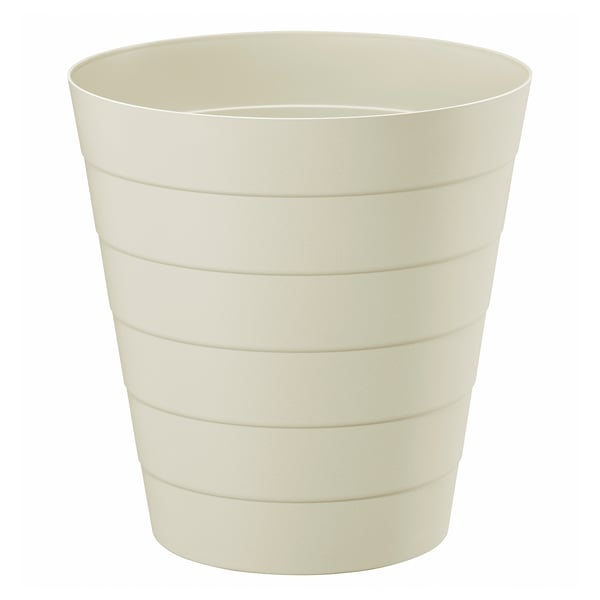 A beige FNISS waste bin made of polypropylene. It has a cylindrical shape with horizontal grooves, easy to clean and empty.