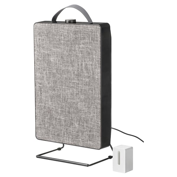 FÖRNUFTIG air purifier in grey, with fabric cover, stand, and wall mountable, plastic and steel body.