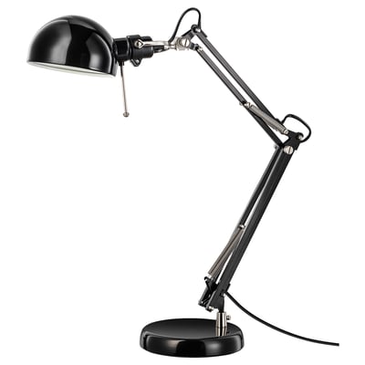 Black FORSÅ desk lamp with adjustable steel arm and round shade.