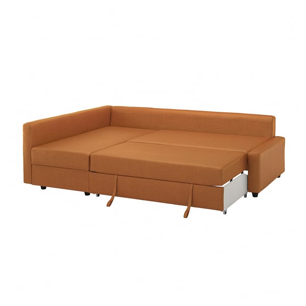 Brown orange FRIHETEN sofa-bed, modern design with convertible chaise & storage.