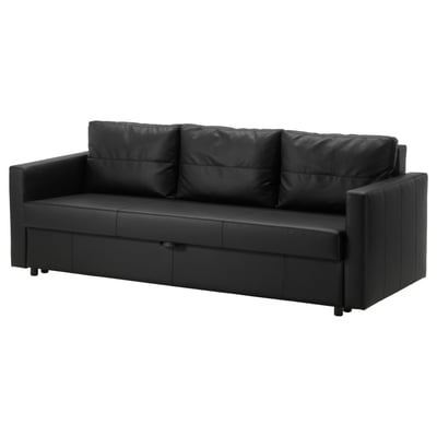 Black FRIHETEN sofa bed, sleek modern design, smooth leather-like finish, with hidden storage.