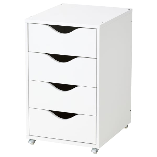 A white, four-drawer rolling storage cabinet. Its compact, modern, and suitable for any room.