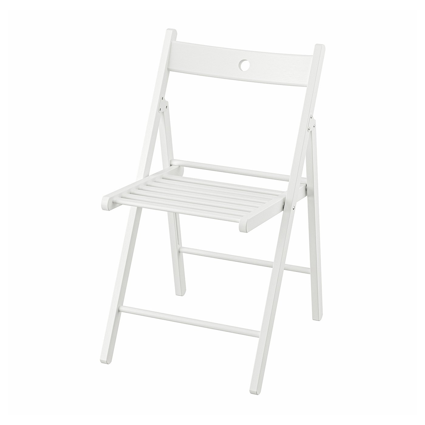 A white, foldable wooden chair, simply designed and suitable for extra seating or small spaces.