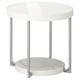 A round, white side table named FRÖTORP with a glass top, chrome legs, and a marble-effect shelf below, exuding a sleek, modern design.