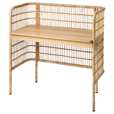 FRYKSÅS desk: natural wicker & wood, rectangular top, curved back, sturdy design.