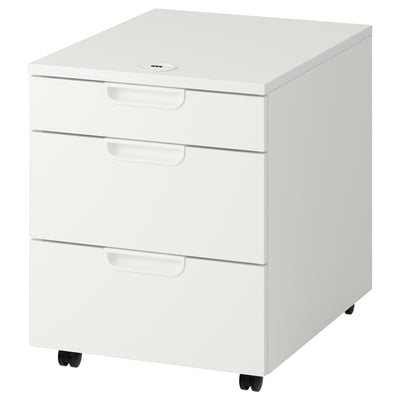 A white GALANT mobile filing cabinet. It has three drawers with a sleek design and smooth-closing mechanism, supported by casters for easy movement.