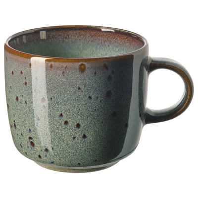GLADELIG mug, multicoloured stoneware, round shape, speckled design, ceramic feel, handles both sides.