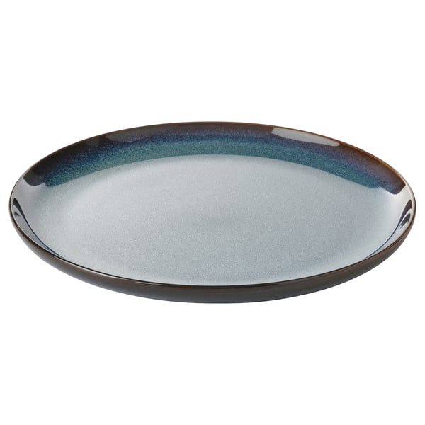 Ocean-blue glazed GLADELIG plate, round, stoneware with golden-brown rim.