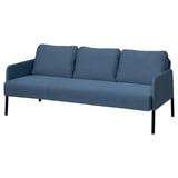 Blue GLOSTAD sofa with three cushions, sleek design, padded arms, dark legs.