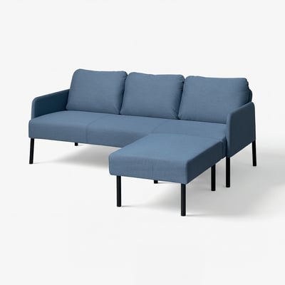 Modern blue l-shaped sofa, sleek legs, thick cushions.