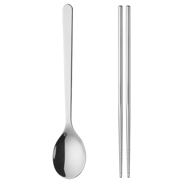 Polished spoon and chopsticks set. Stainless steel, sleek design, practical and durable.
