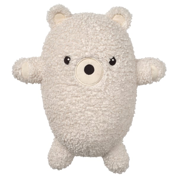 Cute off-white teddy bear toy with black eyes and nose, made from recycled materials. Soft, plush texture for comfort.