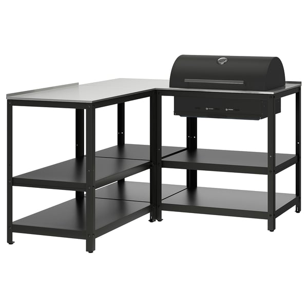 Modern black grilling station with shelves and stainless steel top, perfect for outdoor cooking.