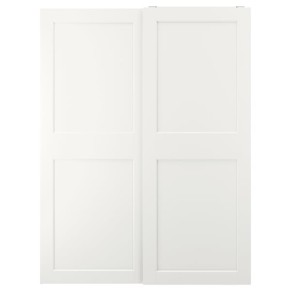 White GRIMO sliding wardrobe doors, minimalist design with bold frames.