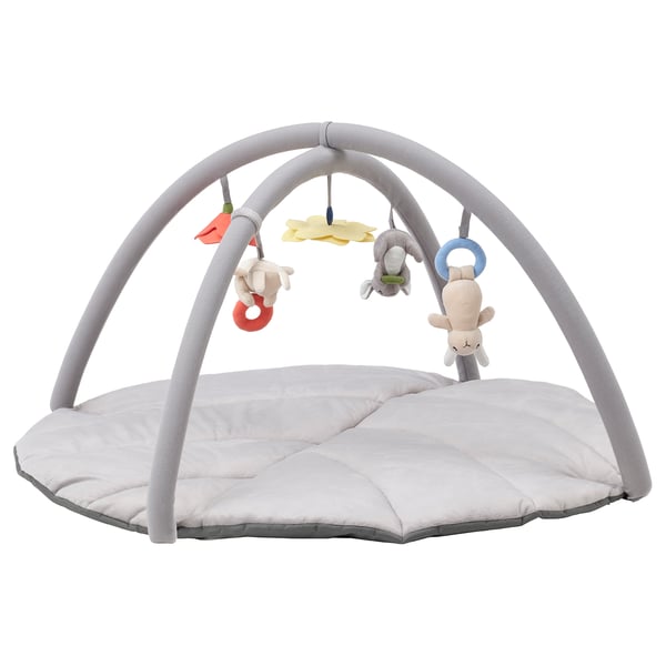 Baby gym GULLIGAST: grey, circular mat with arch, 3 toys, mirror, soft, interactive.
