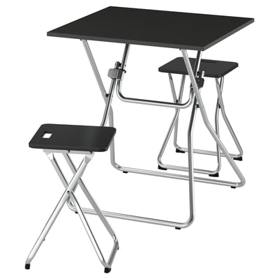 Black folding table & stool set, silver metal frame, easy clean.