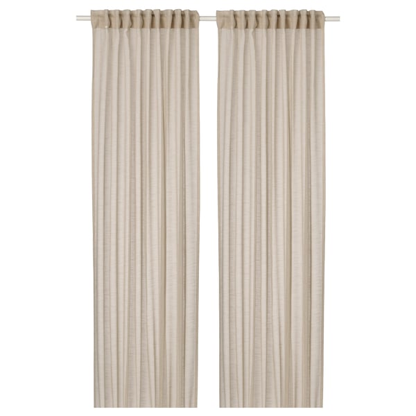 Pair of HÄLLEBRÄCKA light beige sheer curtains, recycled polyester, rectangular shape.