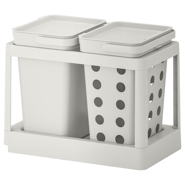 A dual HÅLLBAR waste sorting bin in white, designed to fit in kitchen cabinets.