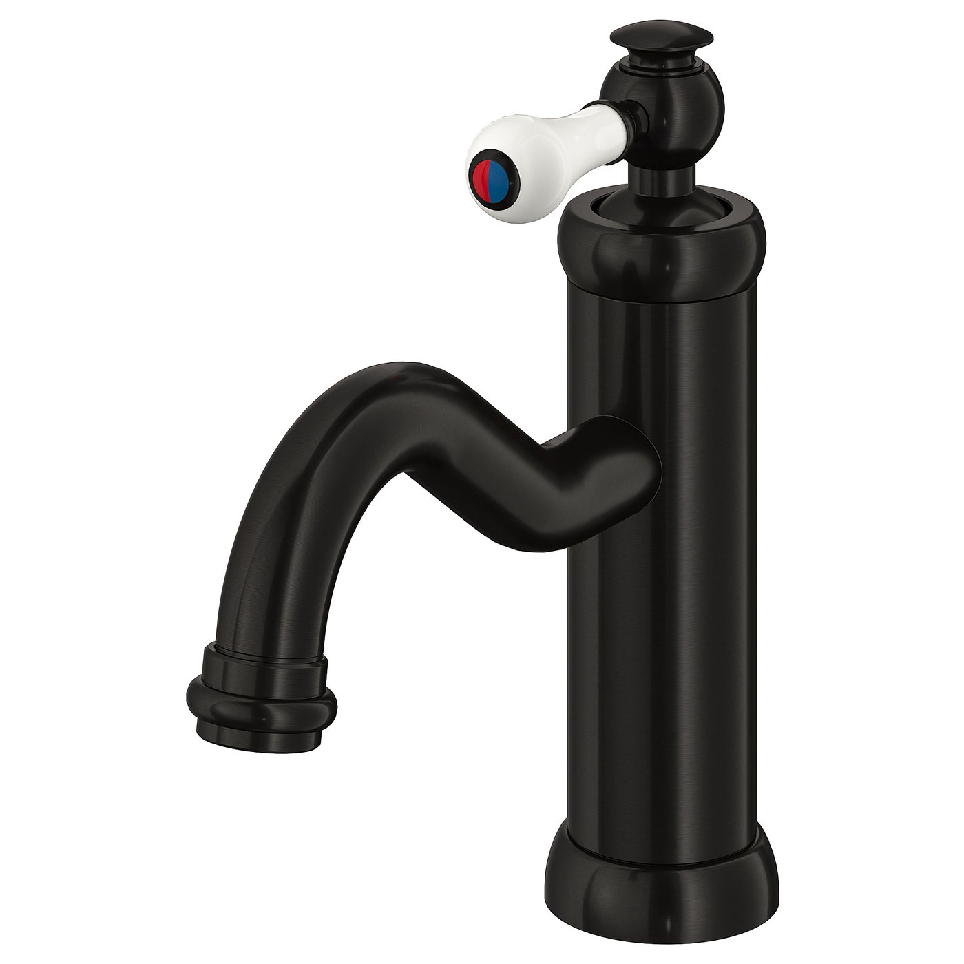 A black HAMNSKÄR tap with a white lever and ceramic discs, designed for energy-efficient water use.