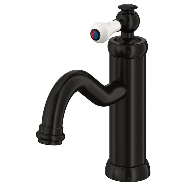 A black HAMNSKÄR tap with a white lever and ceramic discs, designed for energy-efficient water use.