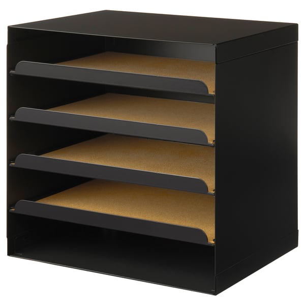 Black HARVMATTA desk organiser, cube-shaped with four pull-out trays and cork liner.