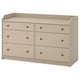 A beige HAUGA dresser with six drawers, designed for versatile use. It has a wooden material with smooth surfaces and rounded knobs.