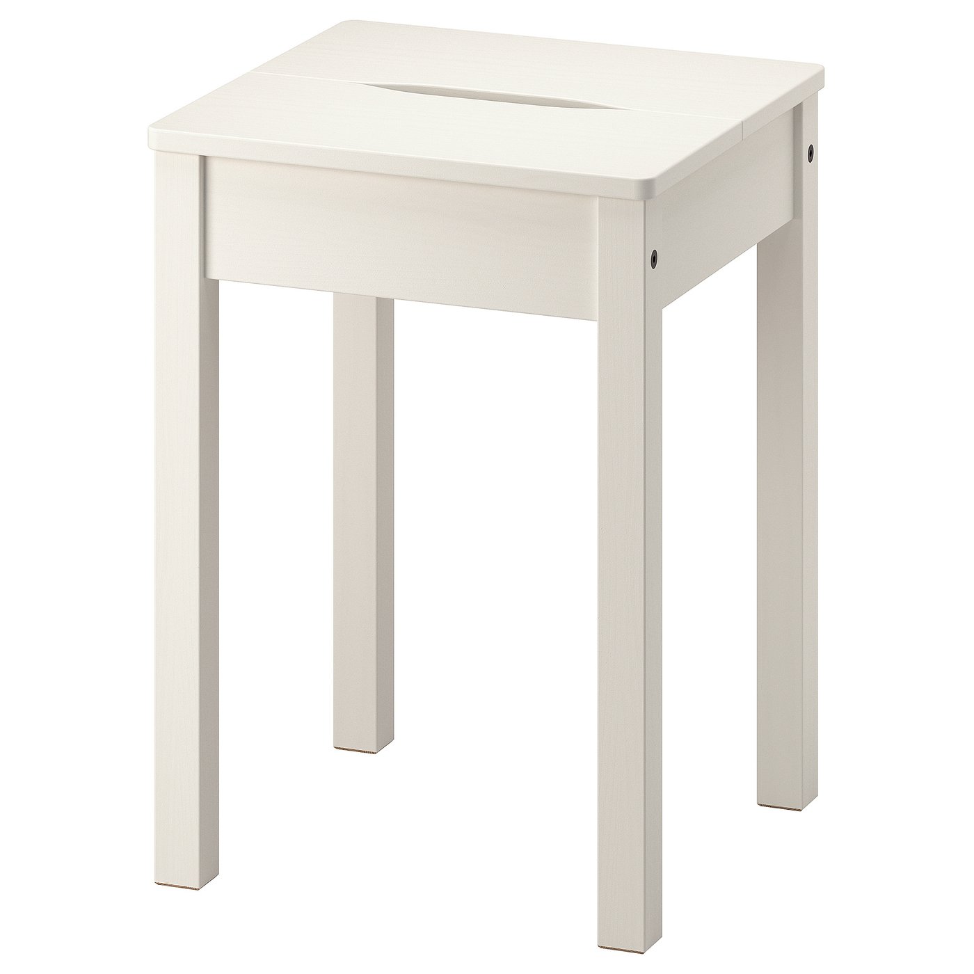 White HAUGA stool with handle for easy carry. HAUGA stool, white, handle for portability.