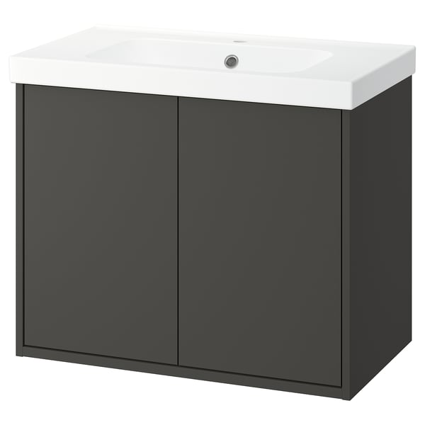 HAVBÄCK bathroom vanity: dark grey, rectangular, wall-mounted, with white ceramic sink.