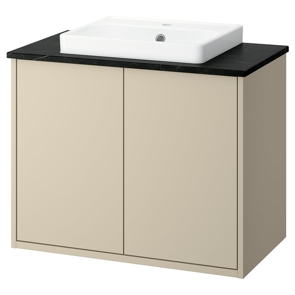 HAVBÄCK beige bathroom cabinet; square, neat design with white basin.