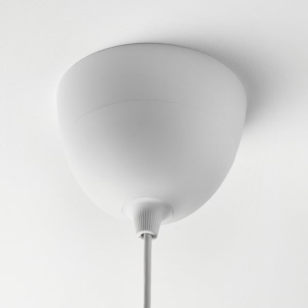 White ceiling light fixture with a rounded, off-white shade and a slender metal stem.