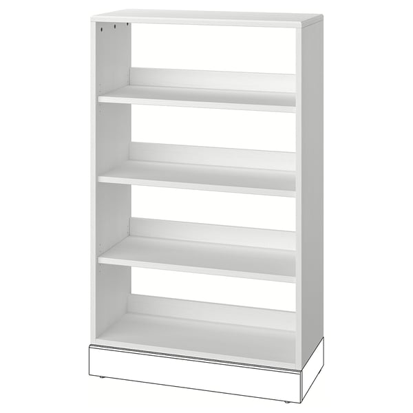 A white wooden HAVSTA shelving unit with three open shelves and a plinth, featuring a rustic design in solid pine.