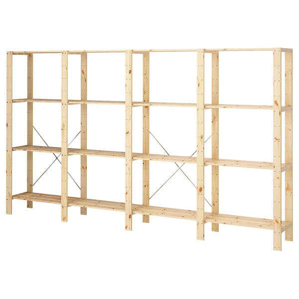 HEJNE 4 section shelving unit, softwood, 307x31x171 cm