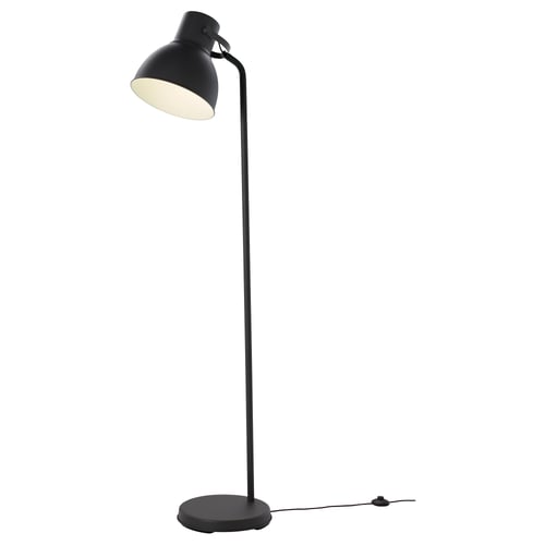 HEKTAR black floor lamp, large saucer-shaped shade, adjustable metal neck.