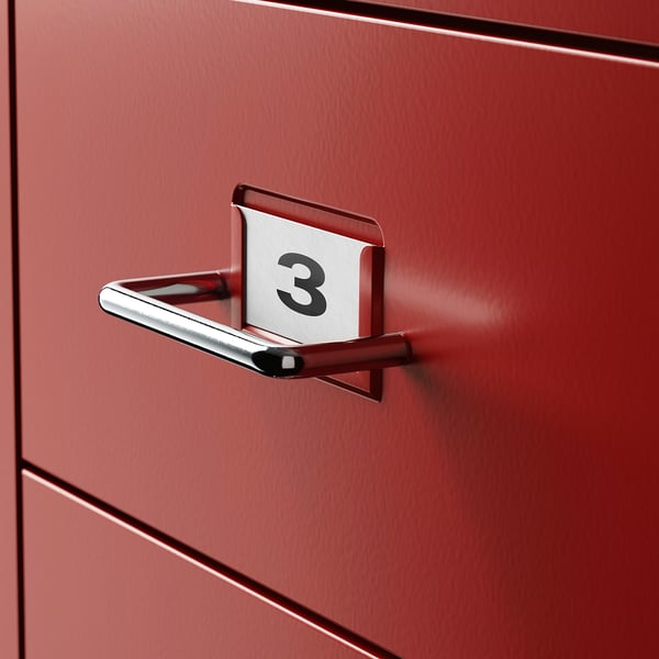 Red metal drawer with handle and label holder, numbered 3. Quality finish, clean lines.