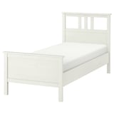 White HEMNES single bed, sleek and modern, wood material, clean lines, high headboard, adjustable sides.