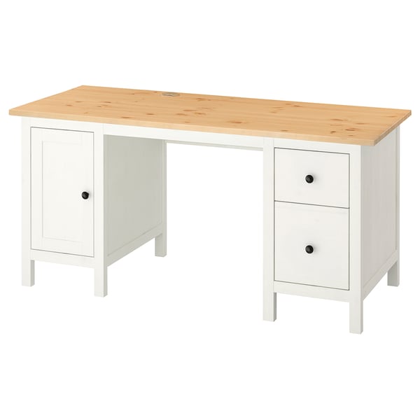 A white HEMNES desk with a light wood top, featuring cabinets and drawers, practical for workspaces.