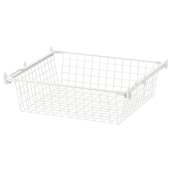White wire HJÄLPA mesh basket with wheels for easy storage.