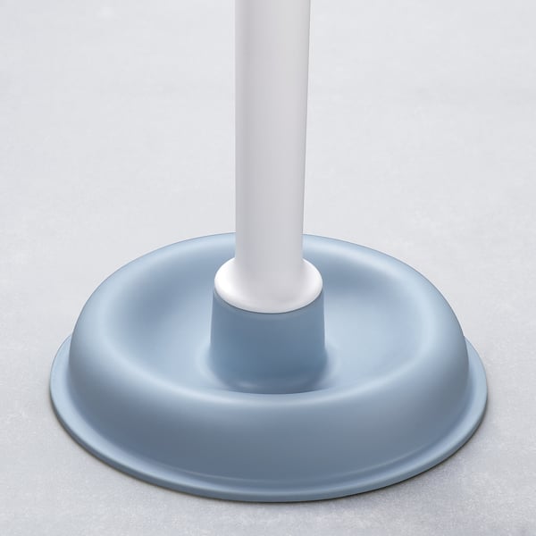 Plunger with white handle and blue suction cup, designed for unclogging drains.